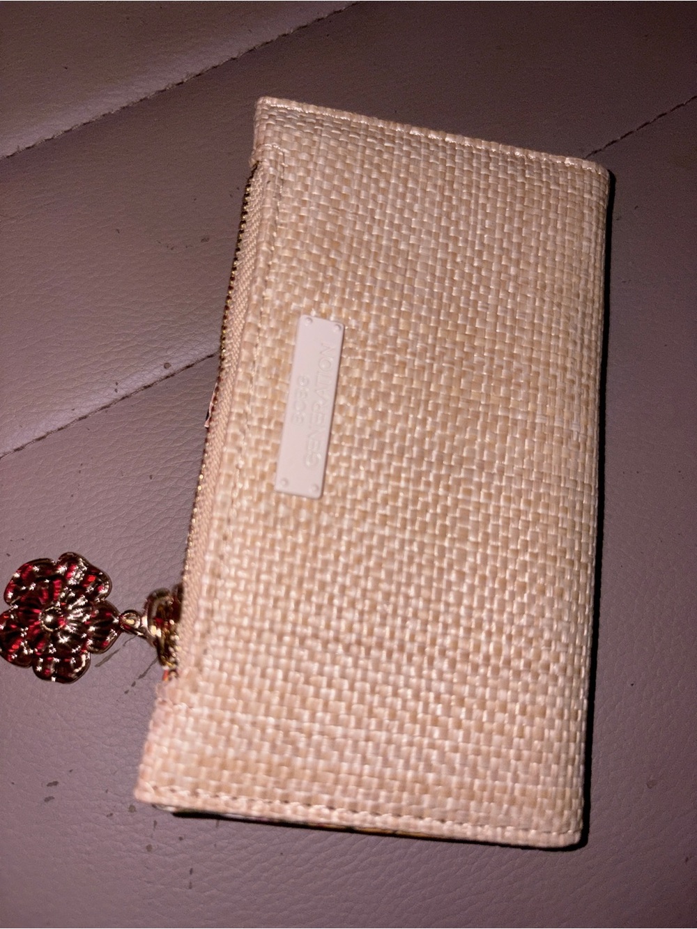 Bcbg Woven Cream Zip Wallet with Decorative Charm
